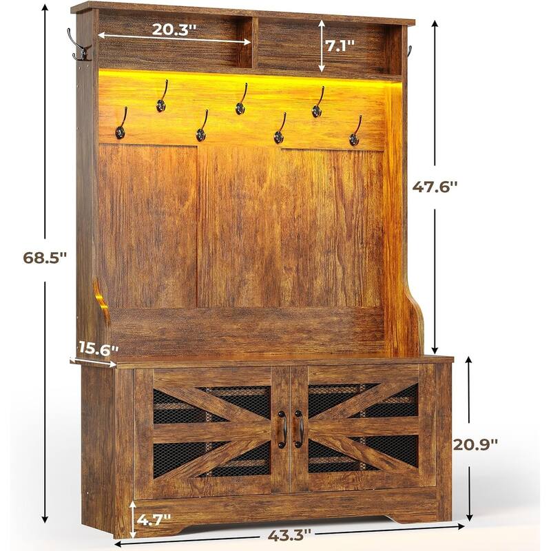 Hall Tree w/ Bench Shoe Storage Shoe Cubby Barn Door Adjustable Shelf