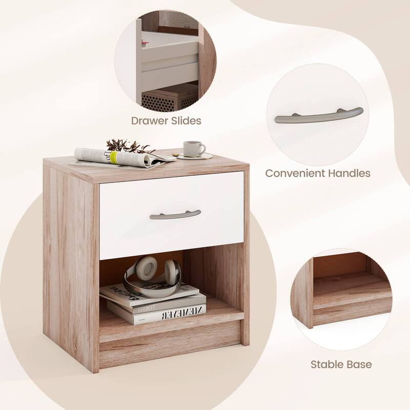 Costway Modern Nightstand Bedside Table with Drawer Open Storage Shelf