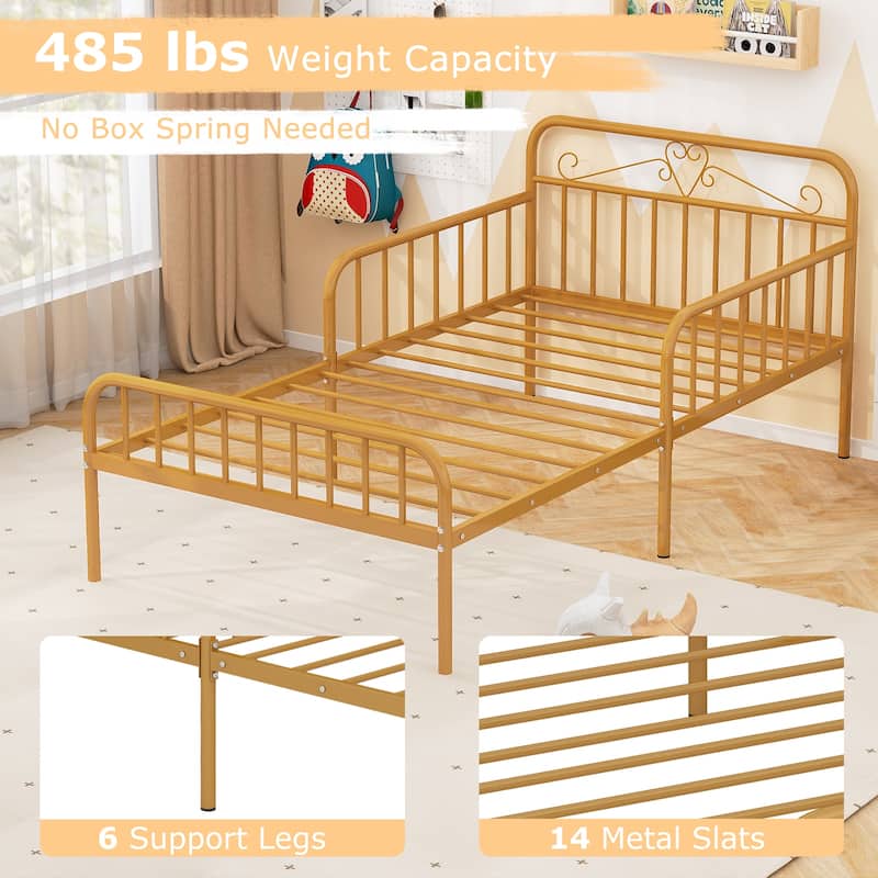 14 Metal Slats Twin Size Bed Frame with Headboard and Safety Side Guardrails