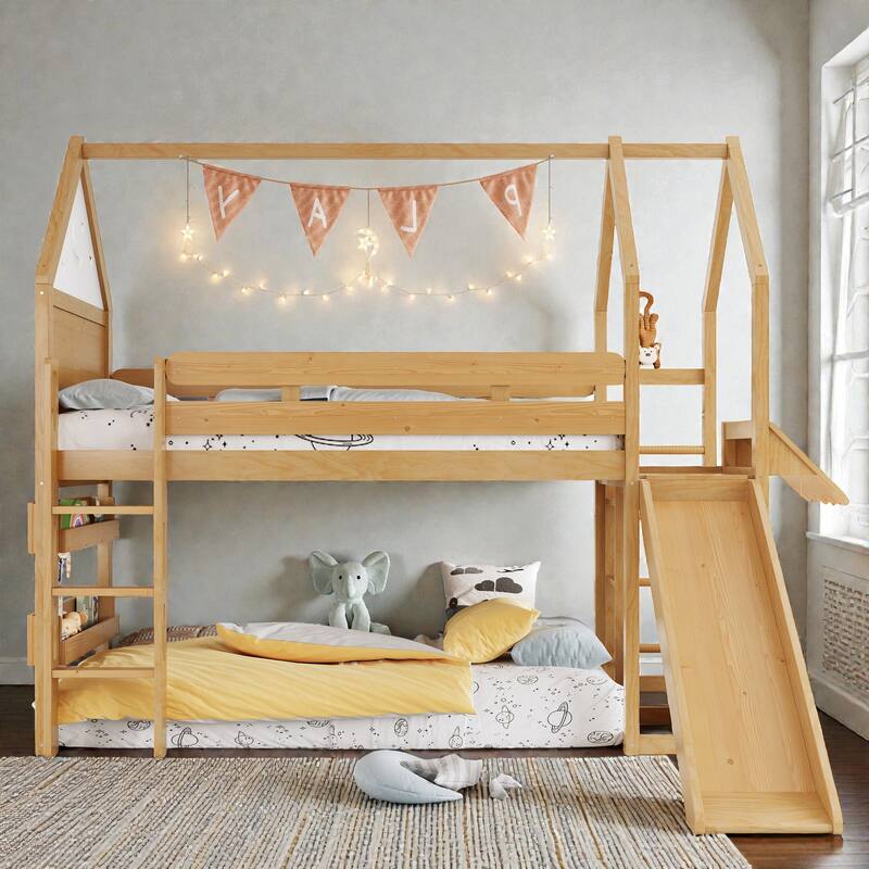 Twin Loft Bed with Slide and Bookshelf, Kids House Bed with Stairs, Safety Rails, Playful Design - Brown - Twin