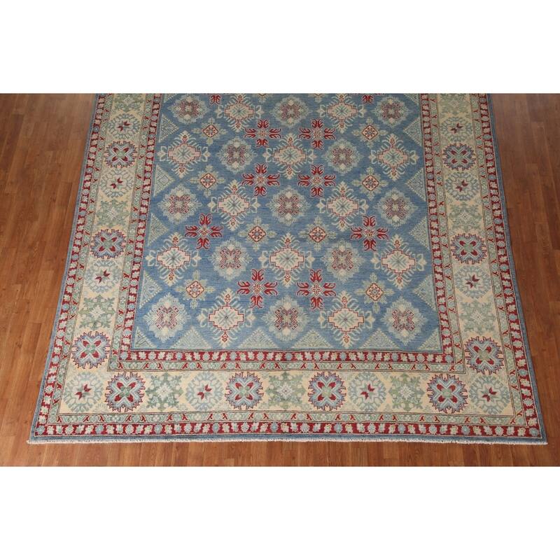 Blue Geometric Kazak Oriental Area Rug Handmade Wool Carpet - 9'2" x 12'4"