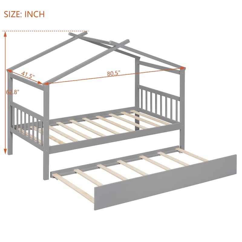 Creativity House Bed Twin/ Full Size Frame with Trundle for Boys Girls, Wood Platform Bed with Roof No Box Spring Needed