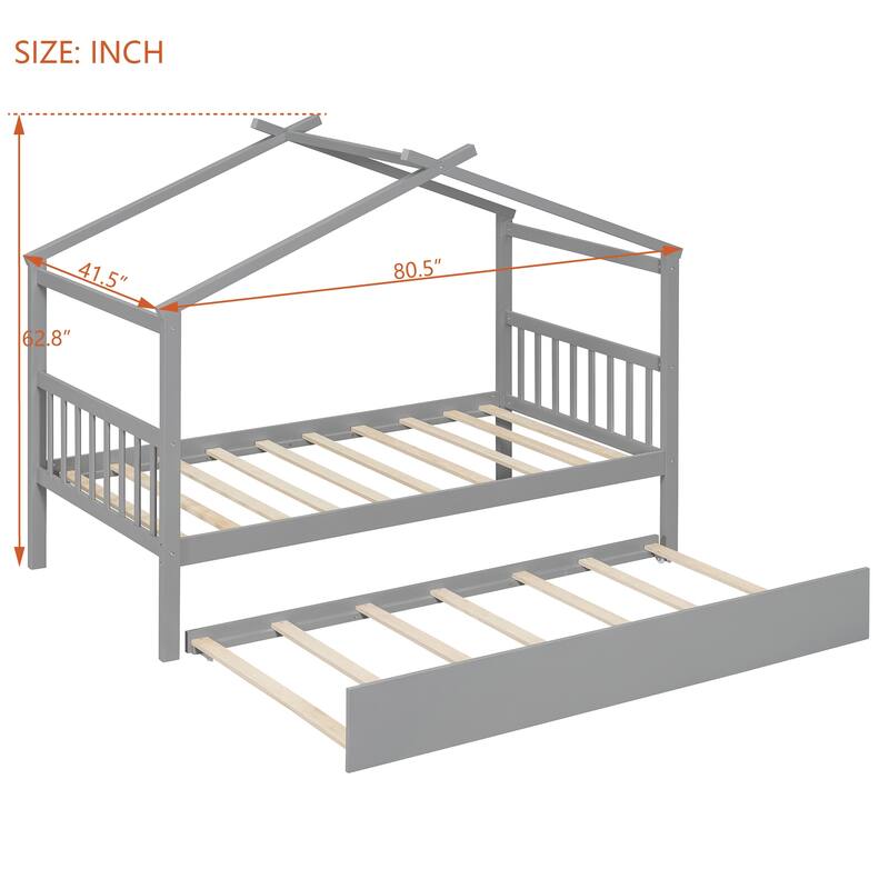 Twin Size Wooden House-Shaped Bed With Twin Size Trundle