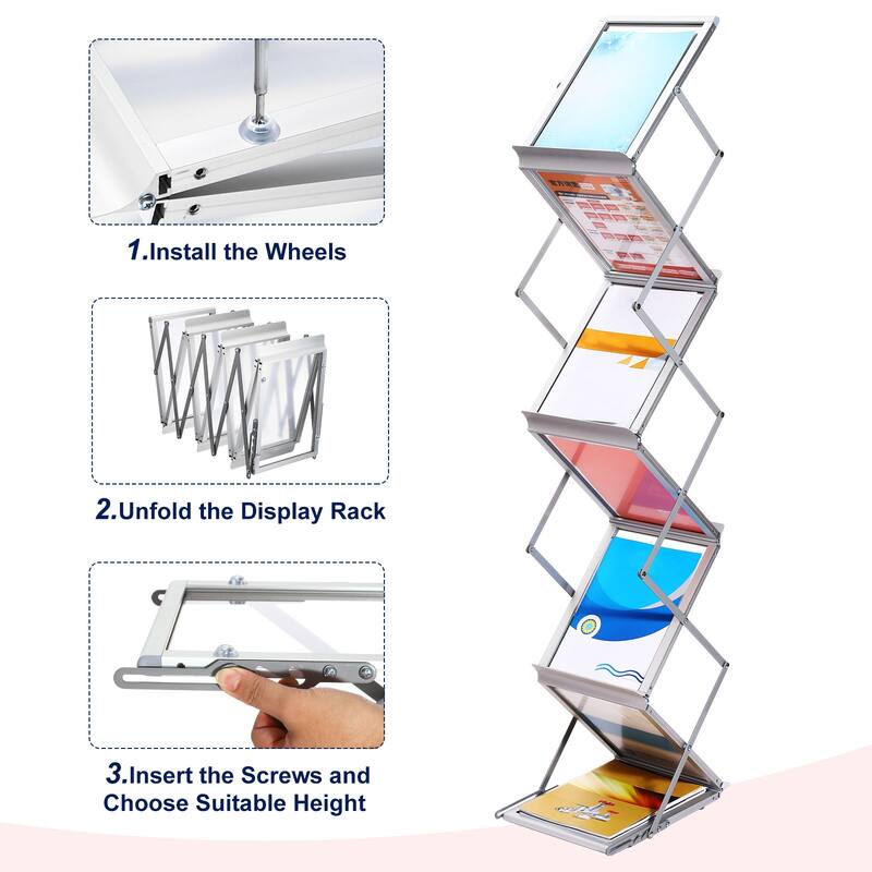 Foldable Aluminum Magazine Display Racks 6 Layers A4 Stand Literature Rack - Silver Tone