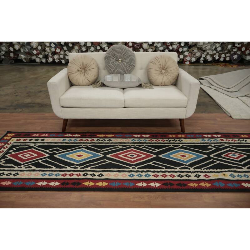 Hand Woven Oriental 100% Wool Carpet Southwestern Tribal Black Kilim Runner Rug - 9' 11'' X 3' 2''