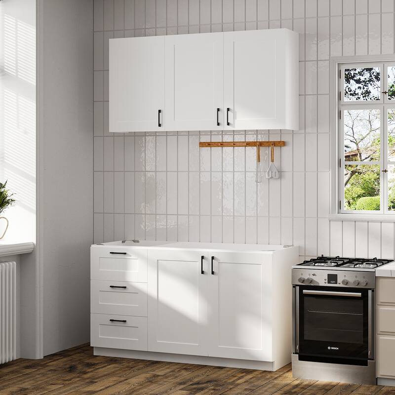 Modular White Kitchen Cabinet Set Customizable Base and Wall Cabinets Pantry Storage and DIY Countertop Design(Without desktop)