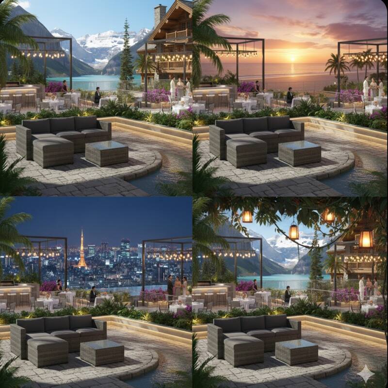 5-Piece Wicker Conversation Set with Gray and Glass Table