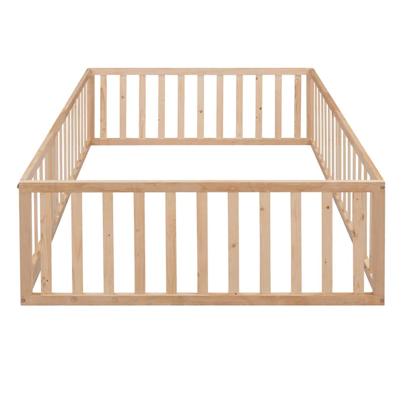 Safe Play Area, Full Size Wooden Floor Bed Frame with Fence and Door, Open Design Low Bed for Kids, Without Slats