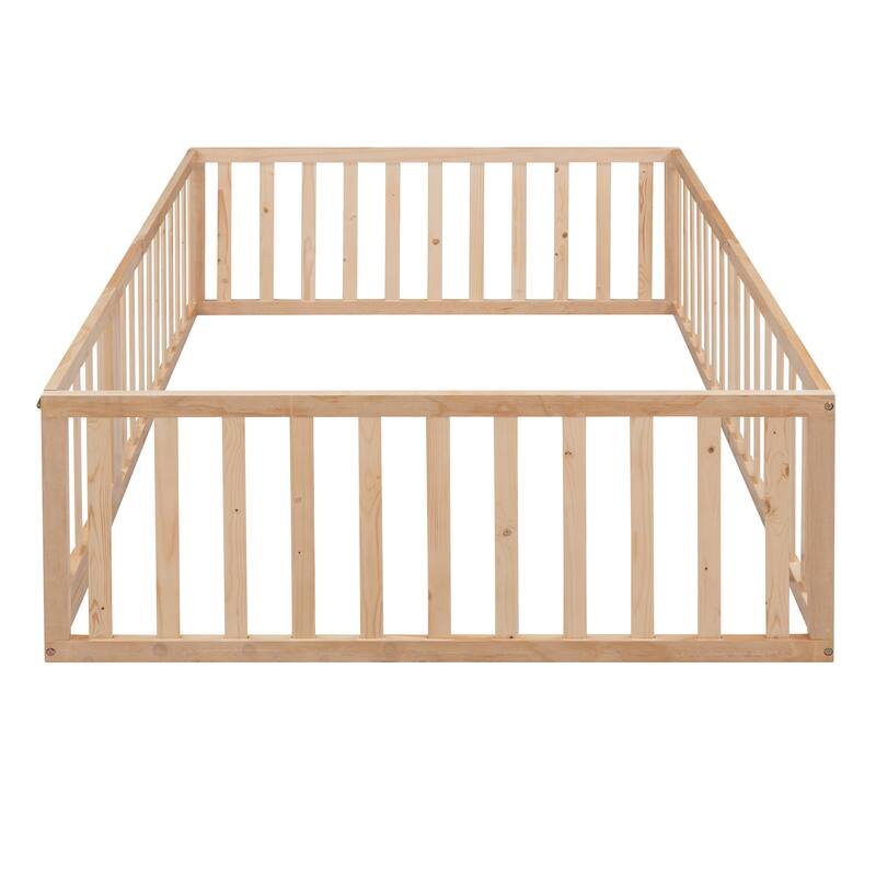 Versatile Wooden Floor Bed Frame without Slats, Solid Pinewood Kids Bed Frame with Fence and Door