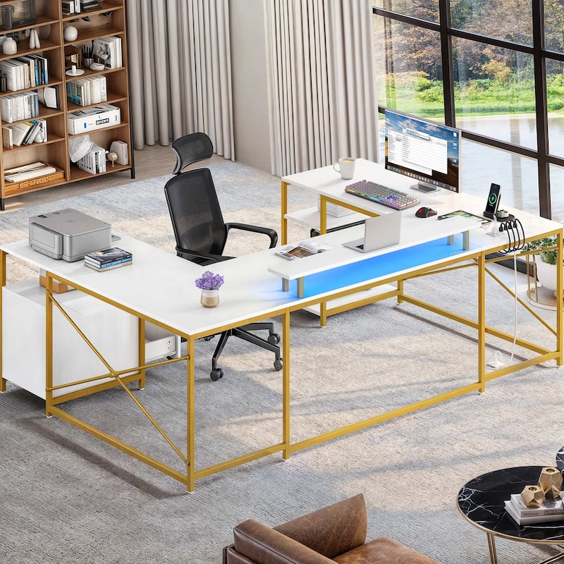 Moasis U Shaped Reversible Computer Desk with Drawers and Storage Shelves LED Ofiice Desk