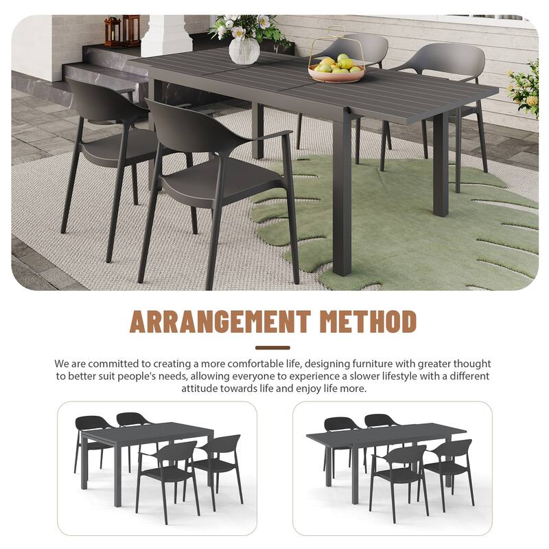 Outdoor Dining Set 5-Piece Stackable Plastic Lightweight Curved Backrest Armchair and Extendable Dining Table