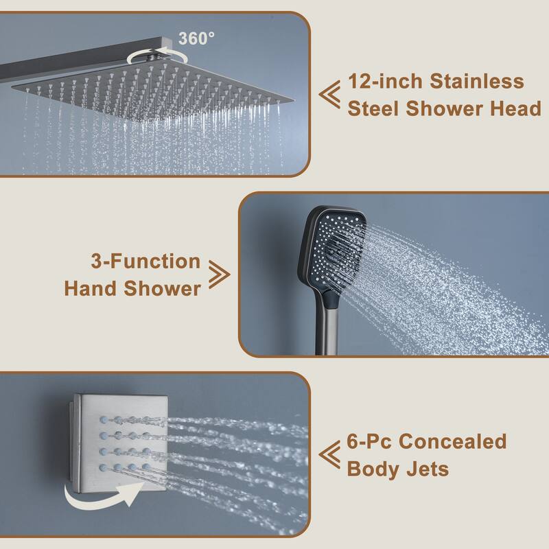 Wall Mount 12 Inch Rainfall Shower Head 3 Function Thermostatic Shower System with 6 Body Jets