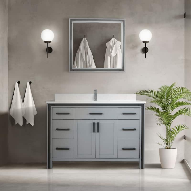 Ziva 48 in W x 22 in D White Bath Vanity, White Quartz Top, Faucet Set and 34 in Mirror