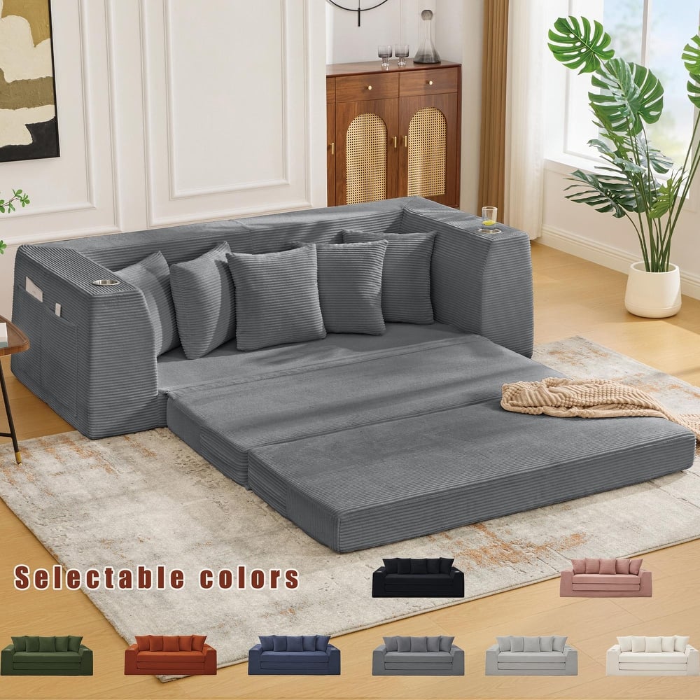 2 in 1 Convertible Sofa Bed, Sleeper Sofa with Storage Pockets, Pull Out Loveseat Couch with Two Cup Holders