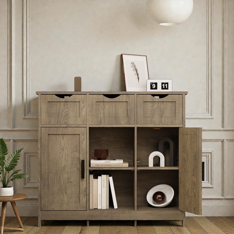 Wooden Storage Cabinet with Drawers and Adjustable Shelves, Floor Accent Cabinet for Living Room Bedroom