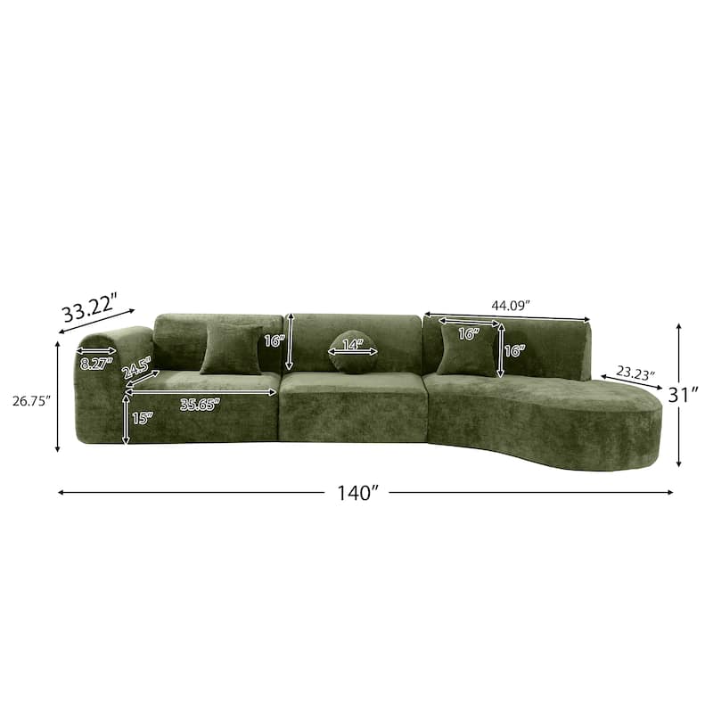140" Polyester Curved Sectional Sofa - 3-Piece Set with Chaise Lounge (High-Density Foam, Fully Assembled)