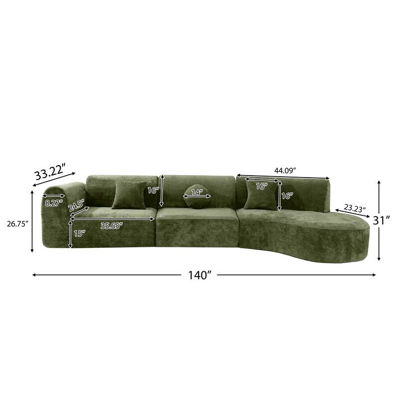 Modern Curved Sectional Sofa 3-Piece Chaise Lounge Set with 3 Special-shaped Pillows for Living Room, Recliner Couch
