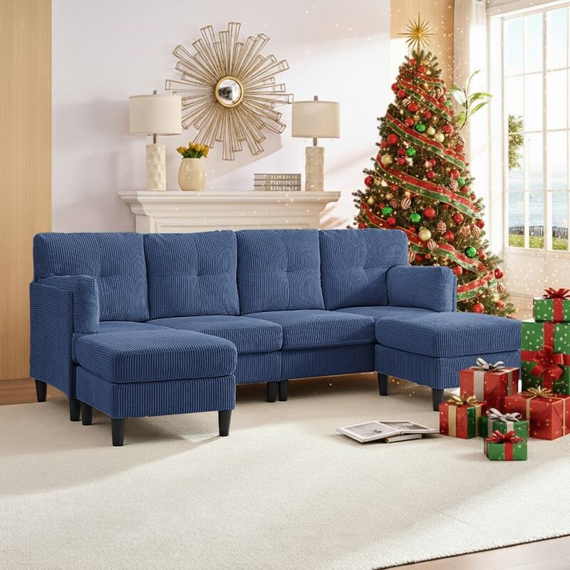 Mixoy Corduroy U-Shape Modular Convertible Sectional Sofa,Upholstered 4-Seater Sofa Couch with Movable Ottoman