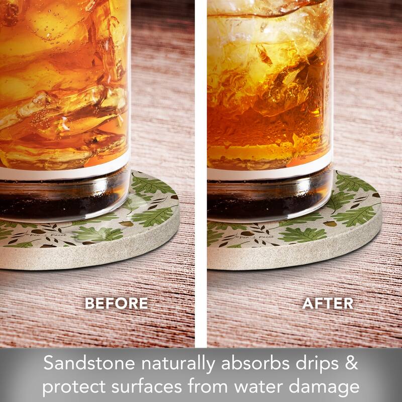 Oak Leaves 4 Pack Round Natural Sandstone Coasters with Protective Cork Backing Manufactured in The USA