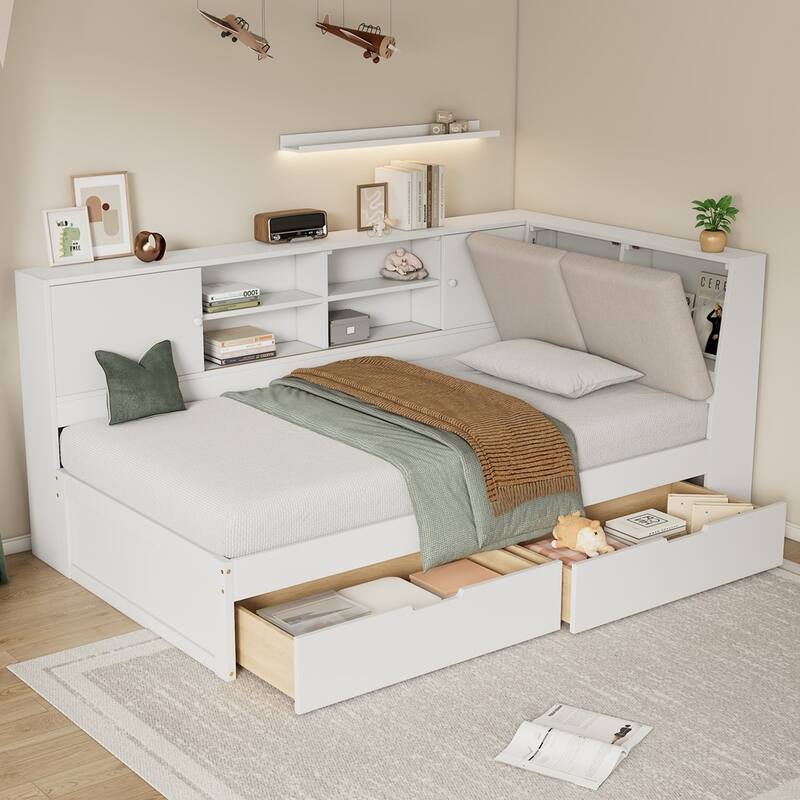 Wooden L-shaped Daybed Corner Bed with Storage Bookcase and USB Charging Ports - White - Full