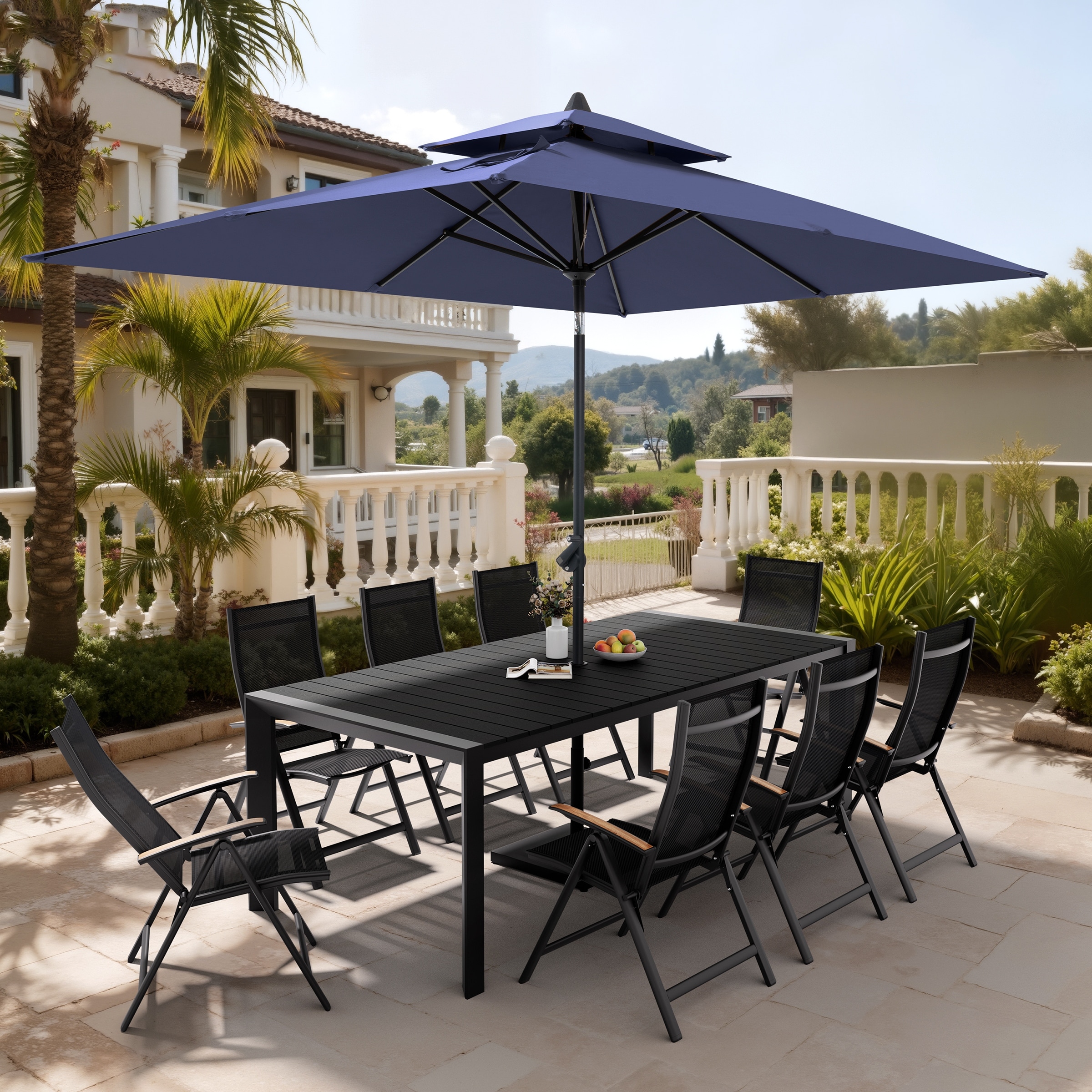 11-Piece Outdoor Patio Dining Set Wood Like Aluminum Umbrella Hole Table with Folding Chairs, Market Umbrella and Base