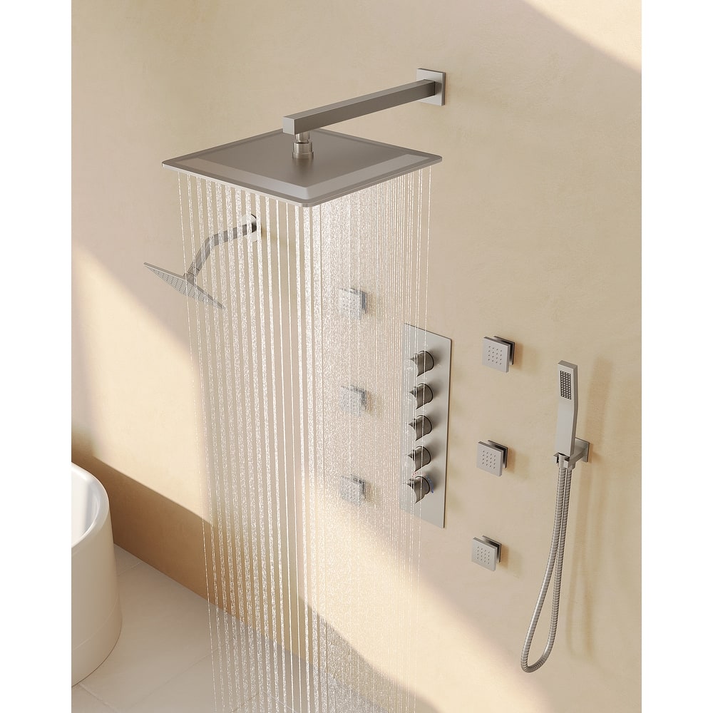 GRANDJOY Shower System Dual Shower Heads 16" and 6" Wall Mounted High Pressure Handheld Spray 6 Body Jets Thermostatic