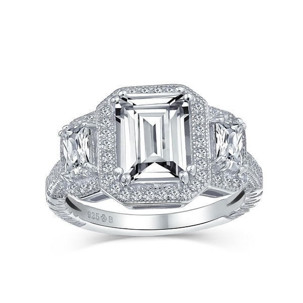3CT Halo 3 Stone Emerald Cut CZ Engagement Ring CZ 925 Sterling Silver. Opens flyout.