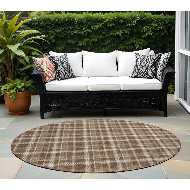 Alfiz Plaid Weather Resistant Blended Style Runner Outdoor Rug - 8' Round - Multi