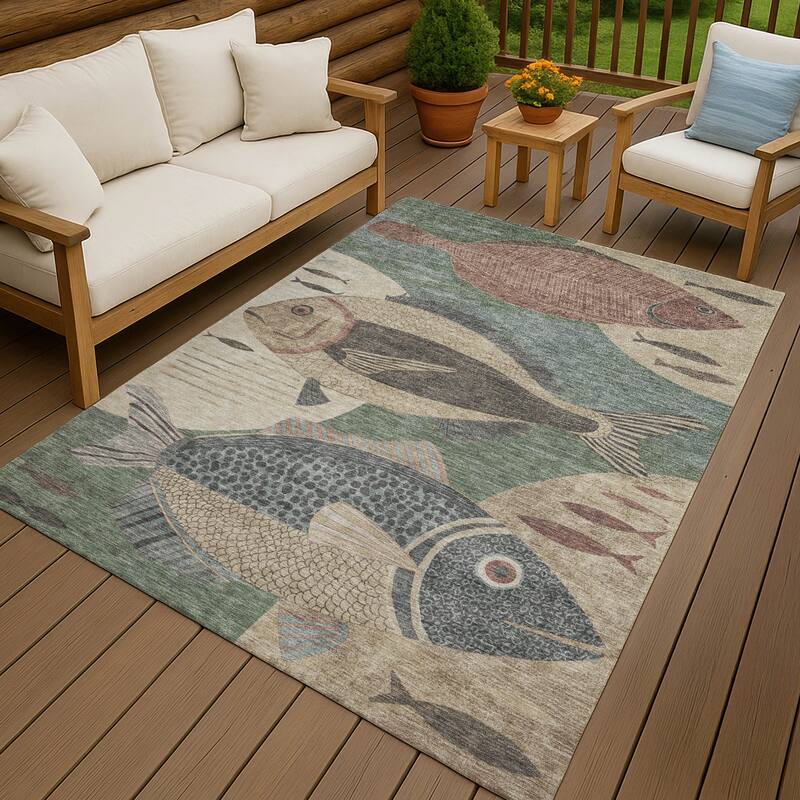 Machine Washable Indoor/ Outdoor Modern Fish Chantille Rug - Basil - 5' x 7'6"