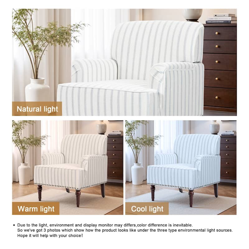 Striped Upholstered Linen Armchair with Brass Nailhead Trim