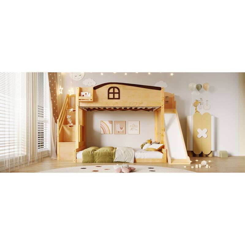 Roomfitters Twin Over Full Bunk Bed with Slide, Wardrobe and Storage Staircase