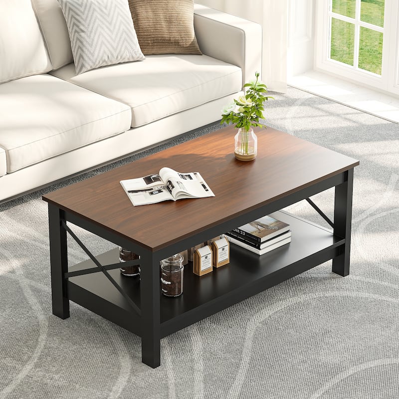Farmhouse Wood Accent Coffee Table with Large Storage Shelf