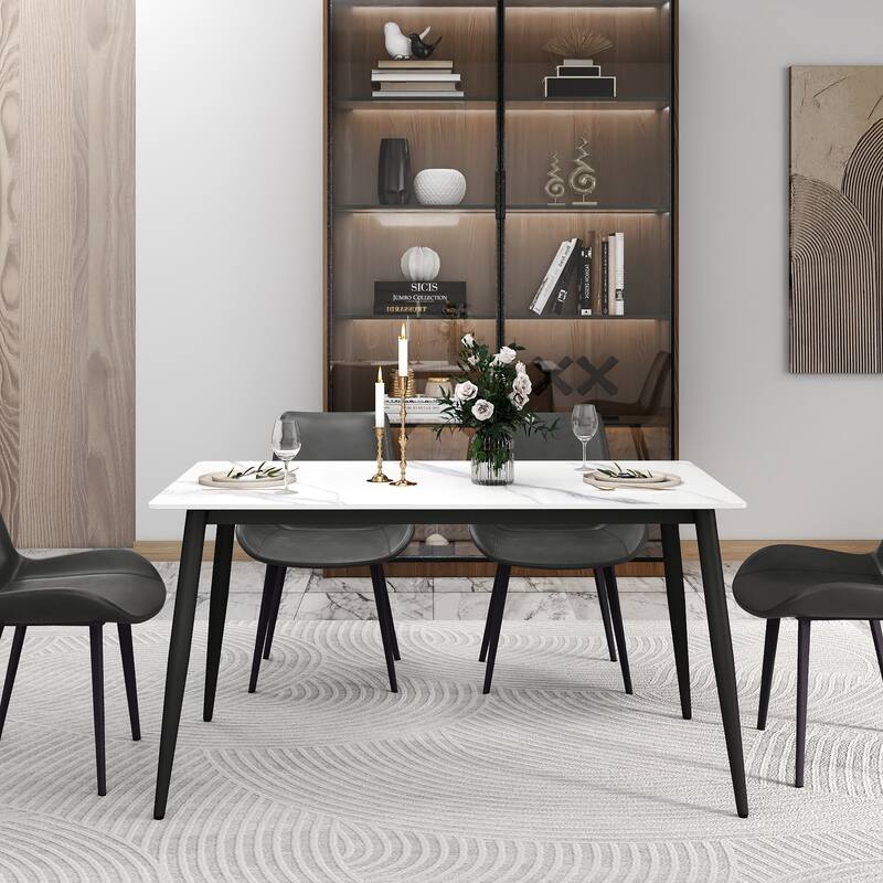 55" Modern Dining Table, White Sintered Stone Tabletop Dining Table with Black Iron Legs