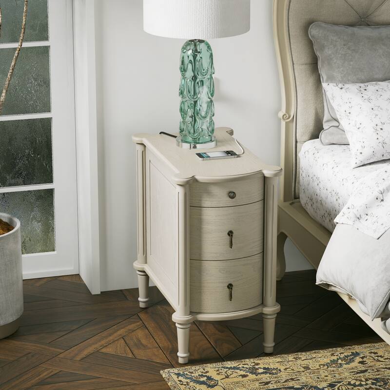 COZAYH Farmhouse 3-Drawer Bedside Table with Charging Station, Vintage Bronze Handles, Solid Pine Legs