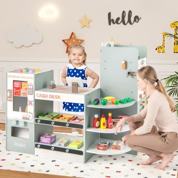 slide 2 of 7, Wooden Play Supermarket for Kids with Checkout Counter and Knobs - 37" x 24" x 33" Kitchens