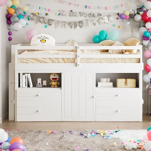 slide 2 of 16, Elegant design Space-saving Multi-Functional Children's Bed With 4 Big Drawers Underneath The Loft Bed White