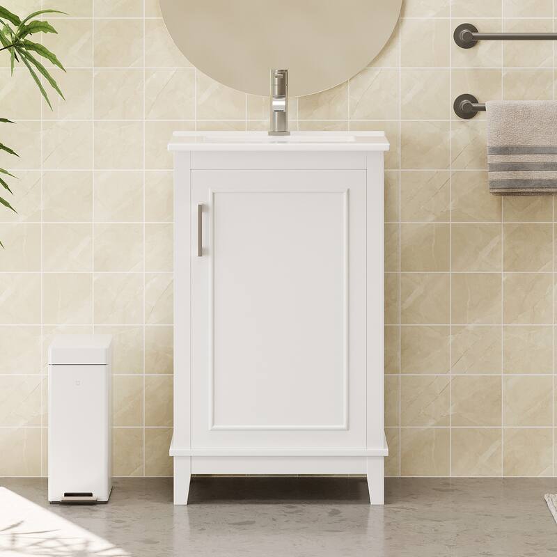 20" Modern Small Bathroom Vanity Cabinet With Ceramic Basin - 20"*15.5"*33.3", Ample Storage, 1 Soft-Close Door - White