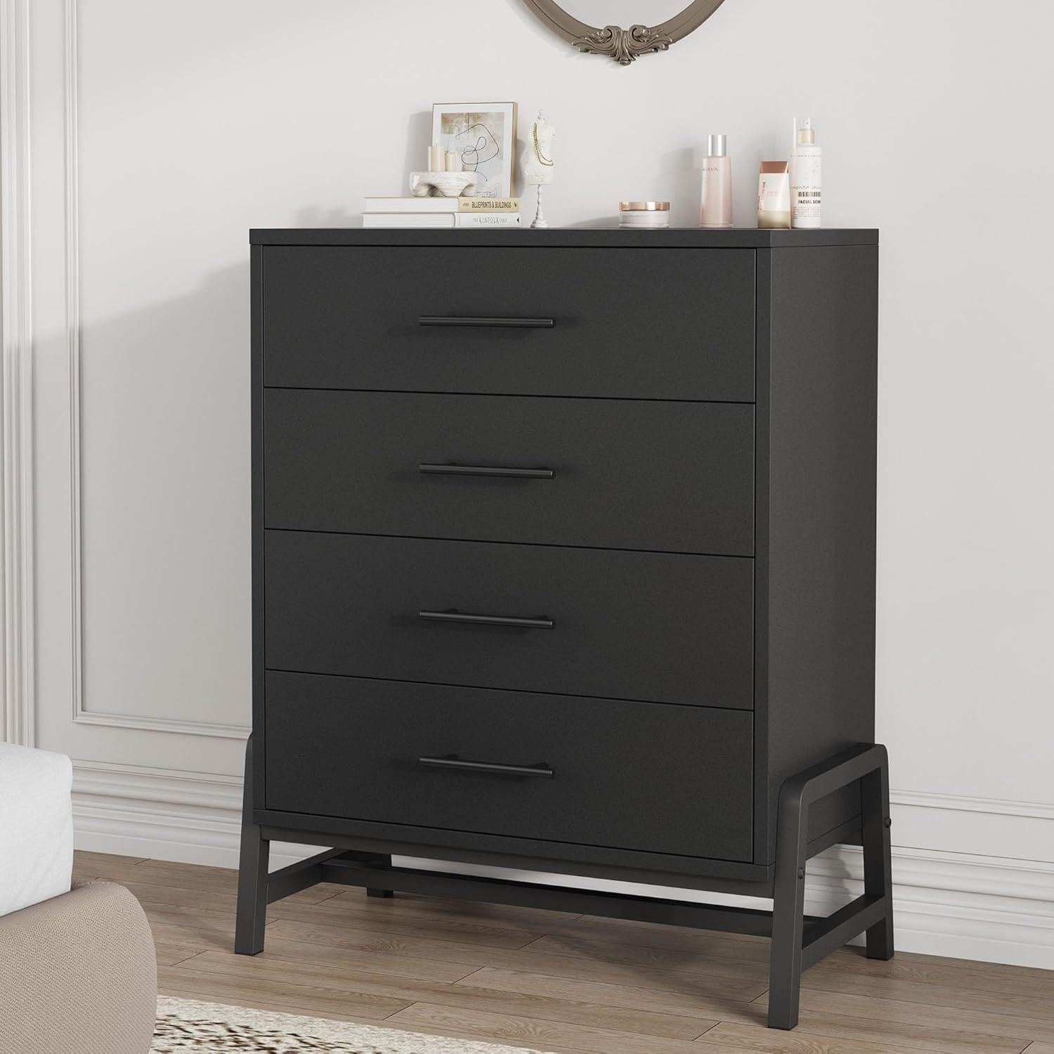 5 Drawer Fluted Dresser, Modern Wood Chest Storage Cabinet with Metal Legs Black