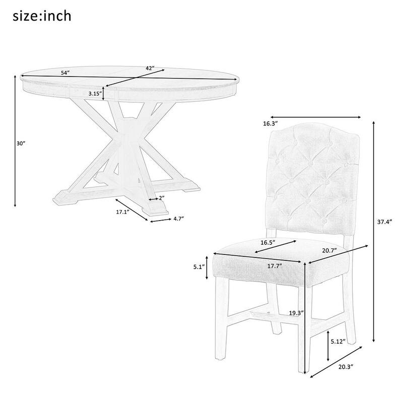 Wooden Round Drop Leaf Extendable Dining Table Set with 4 Upholstered Chairs
