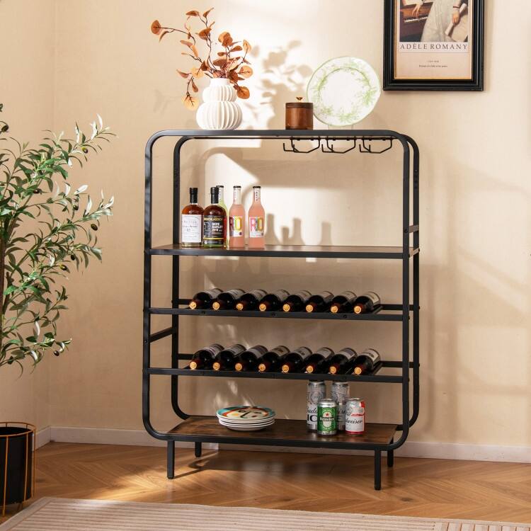 5-Tier Rustic Wine Rack with Glass Holder Holds 16 Bottles & 12 Stemware Glasses - 36" x 14" x 46"