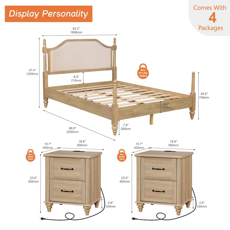 3 Piece Bedroom Set, Queen Size Bed Frame & Set of 2 Nightstands, Oak