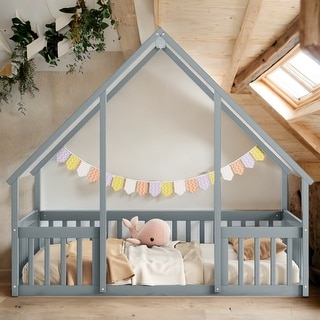 Wood House-Shaped Full Floor House Bed with Fence,Guardrails