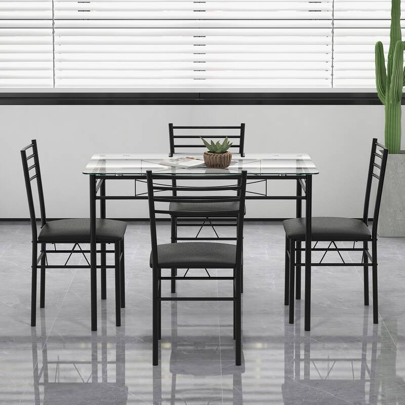 Gymax 5 Piece Dining Set Glass Top Table & 4 Upholstered Chairs - See Details - Black - See Details