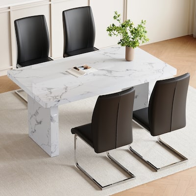 5-Piece Dining Table Set with Marble Pattern, Chair With Arched Metal Silver Leg, Adjustable Feet and Non-slip Pads Black