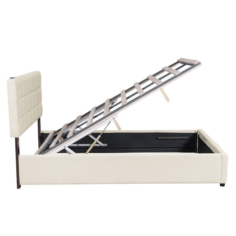 Queen Size Upholstered Platform Bed with Hydraulic Storage System and LED Light