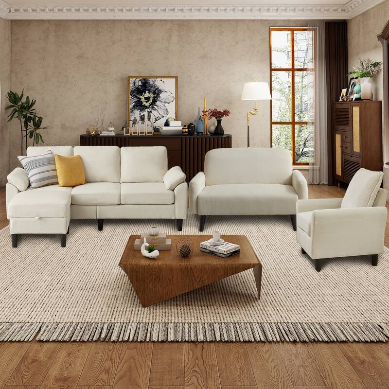 4 Pieces Corduroy Living Room Sets with Sofa, Ottoman and Loveseat