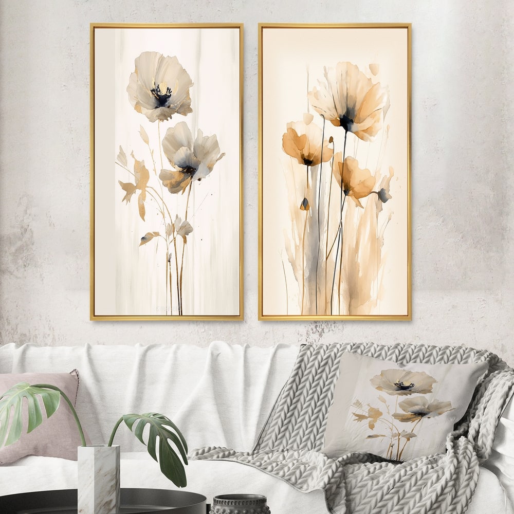 Designart "Vibrant Poppies" Floral Framed Wall Art Set Of 2 - White Wall Art Set Of 2