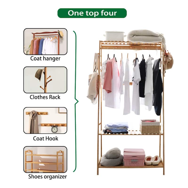 Bamboo Garment Rack 3 Tier Storage Shelves with Hanging Hooks