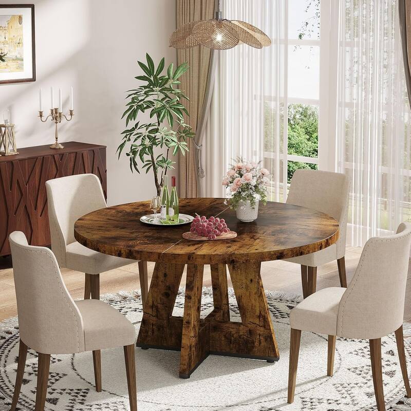 47" Round Wood Dining Table 4-Seater Farmhouse with Wooden Tabletop Cross Base for Dining Room/Kitchen