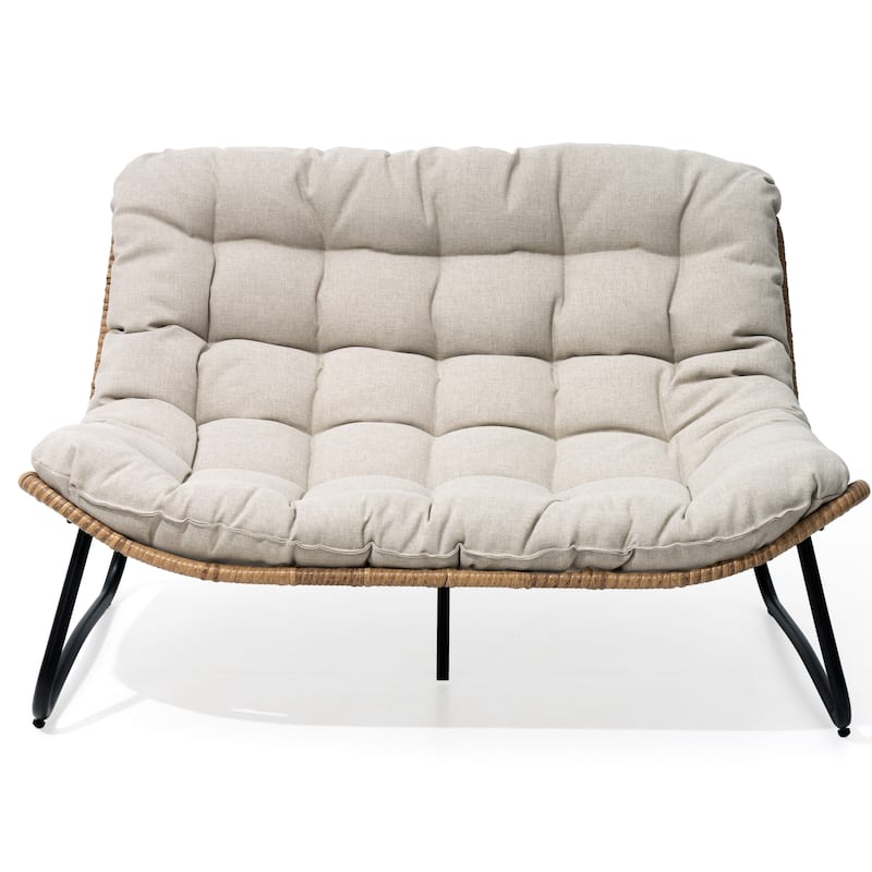 Double Papasan PE Rattan Chair Loveseat with Cushion For Indoor Outdoor
